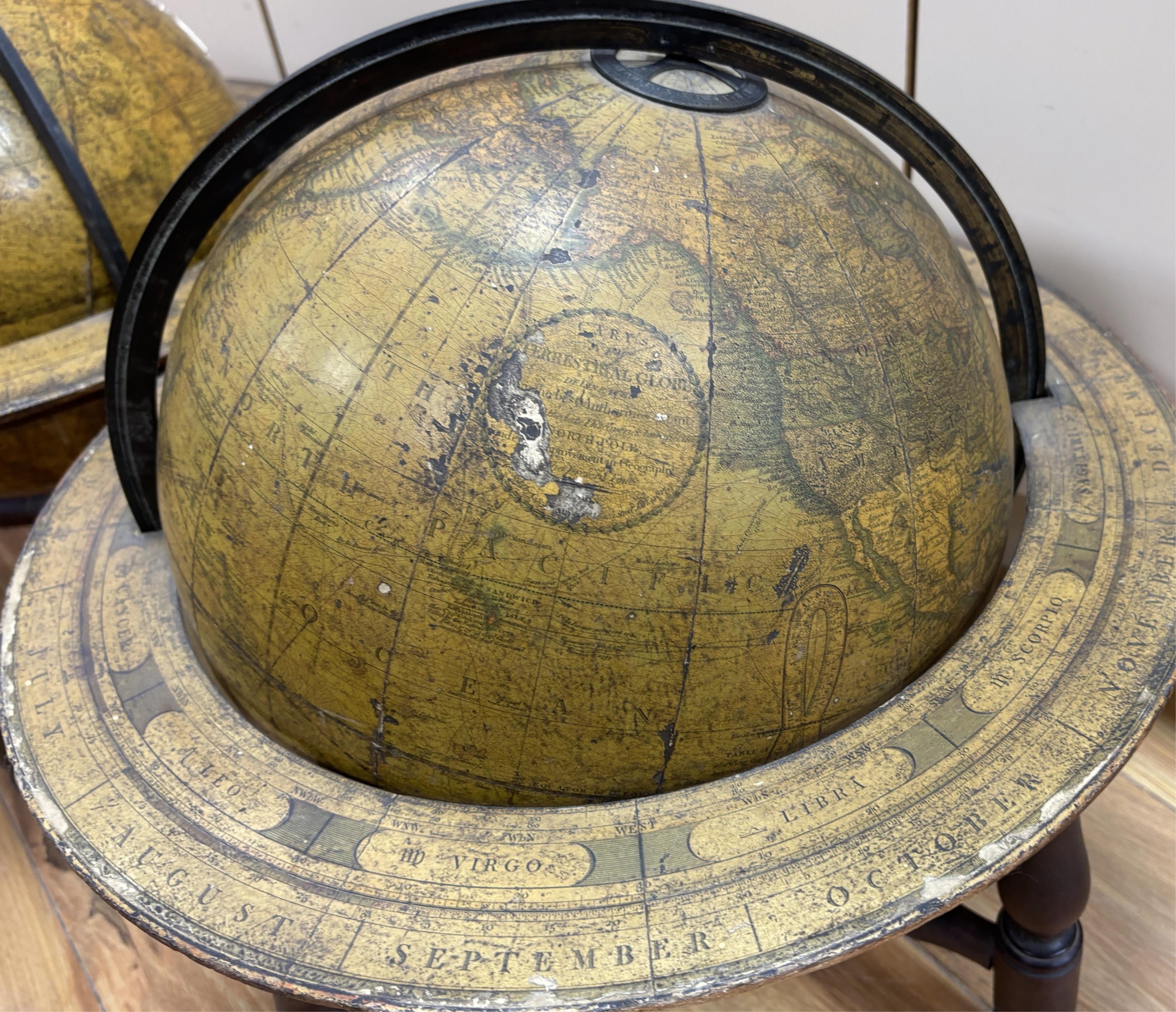 A pair of early to mid-19th century Cary celestial and terrestrial 12 inch globes with associated stands, each globe on a turned mahogany frame with applied paper zodiac and month ring at the equator